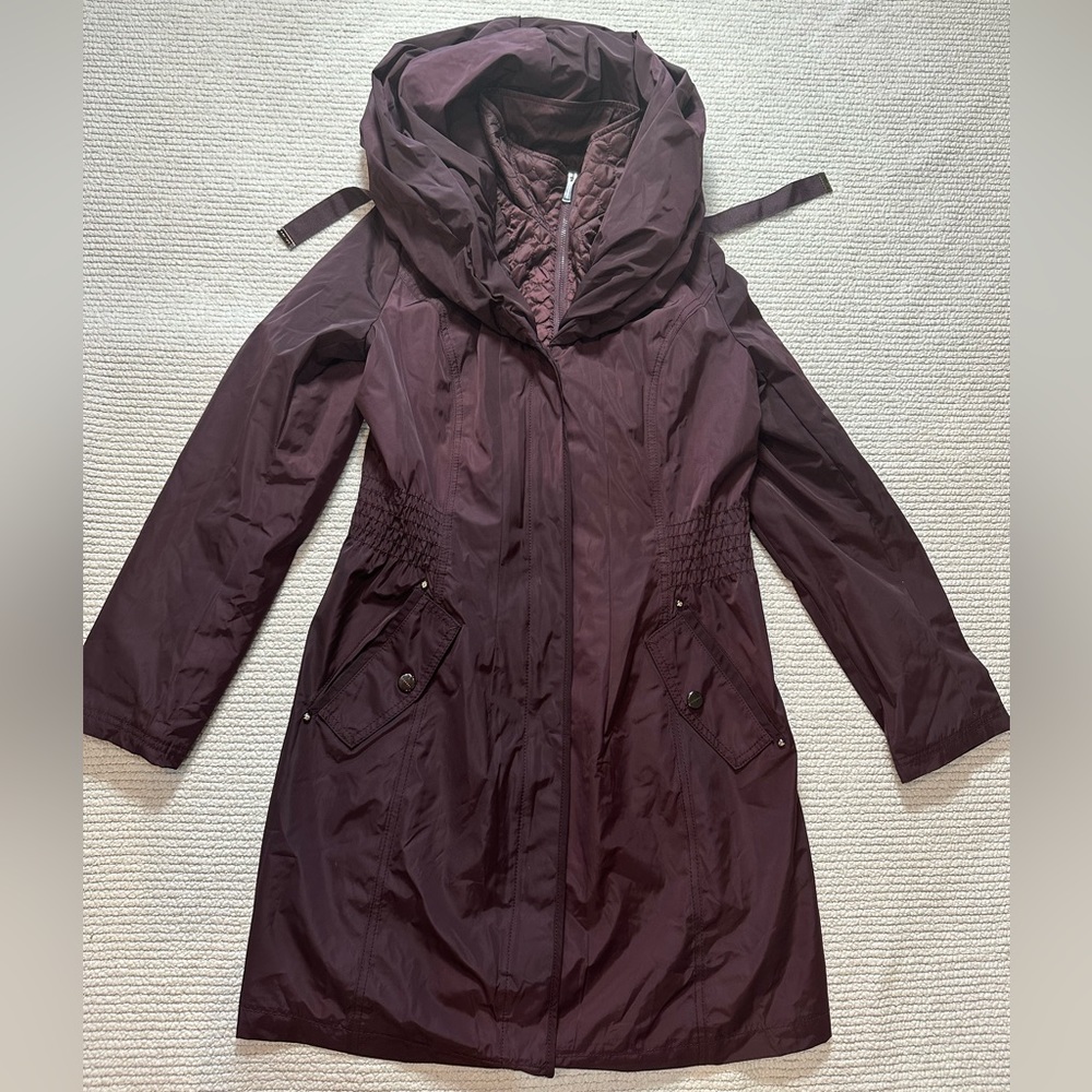 Laundry by Shelly Segal Plum Mid-Length Jacket, Ladies Med. Double Zipper w/Hood